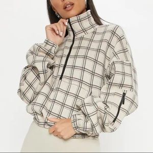 PLT Cream Check Oversized Zip Sweater| Large
